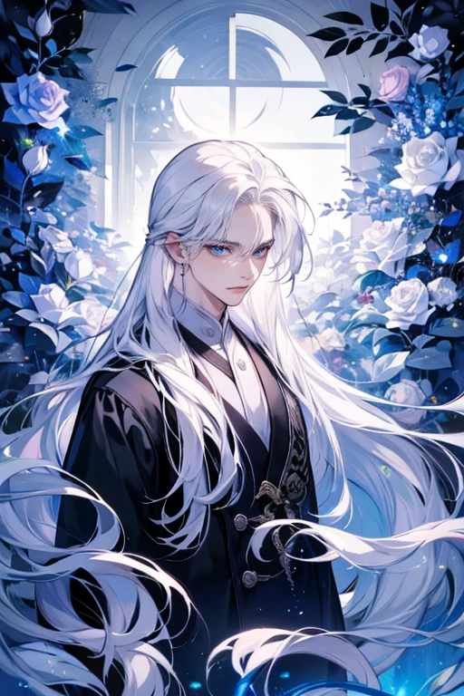 1 boy，long white hair，pale boy，Dark clothes，（（（White Rose））），White shirt，Low screen contrast，high brightness，long white hair，roses，Blood，Light blue leaves，soft light lighting，mysterious atmosphere，Chinese scenery, external, Flowers and trees, waterfall man,Butterfly， portrait, Color difference, depth of field, dramatic shadow, Ray tracing, best quality, Cinema lighting, Extremely detailed CG, 8k wallpaper,，