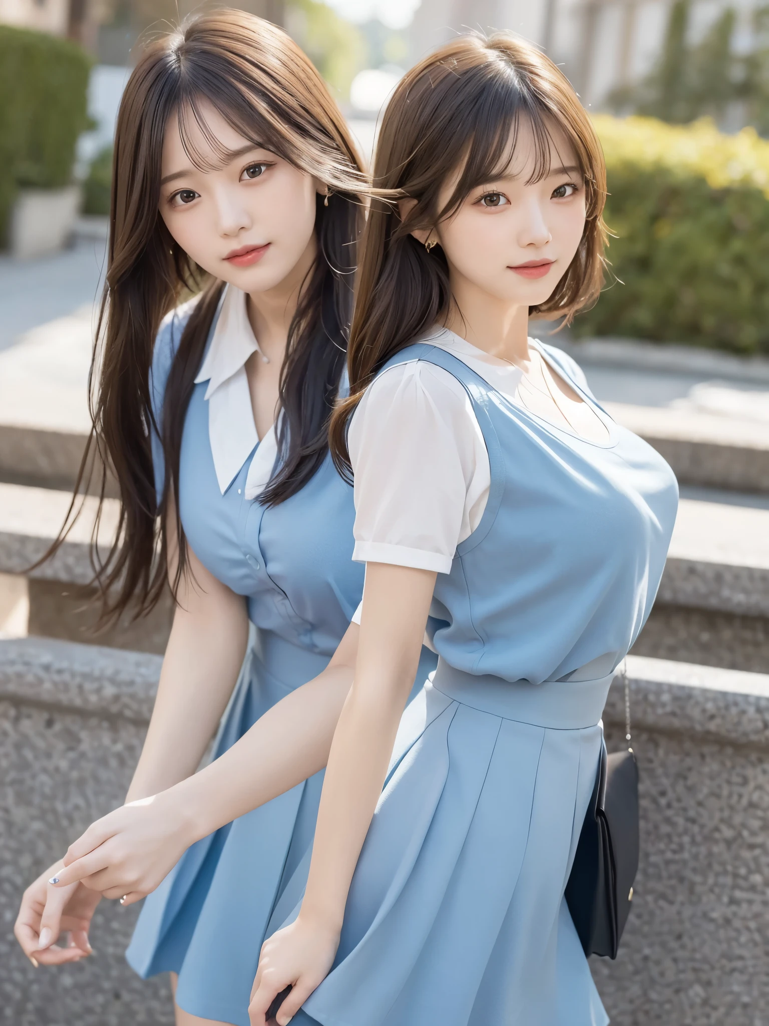 master piece,highest quality,official art,Highly detailed CG Unity 8K wallpaper,Like a schoolgirl,very delicate and beautiful,ultra high resolution,(Realistic:1.4),golden hour lighting,(Upper body),(platinum short hair:0.8),(puffy eyes),looking at the viewer,Facing Front,smile,JK skirt,blue dress,shirt boosts long black hair