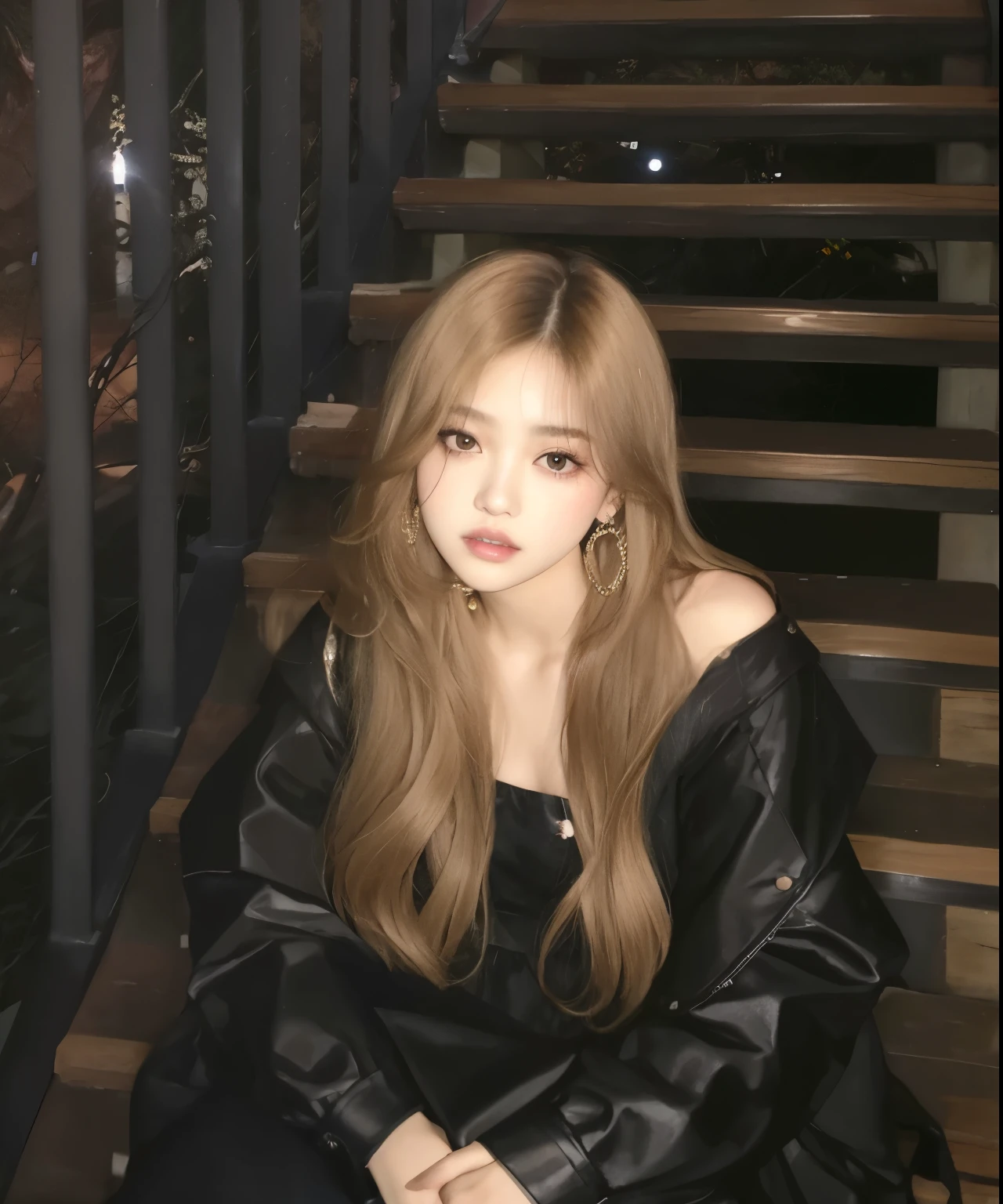 Arafed Mujer sentada en un conjunto de escaleras con un vestido negro, portrait of jossi de blackpink, parque roseanne de blackpink, jossi de blackpink, Lalisa Manobal, Lalisa Manoban de Blackpink, Jinyoung Shin, con cabello largo, jennie rosa negro, heonhwa choe, ulzzang, retrato de jisoo rosa negro, con pelo largo y rubio