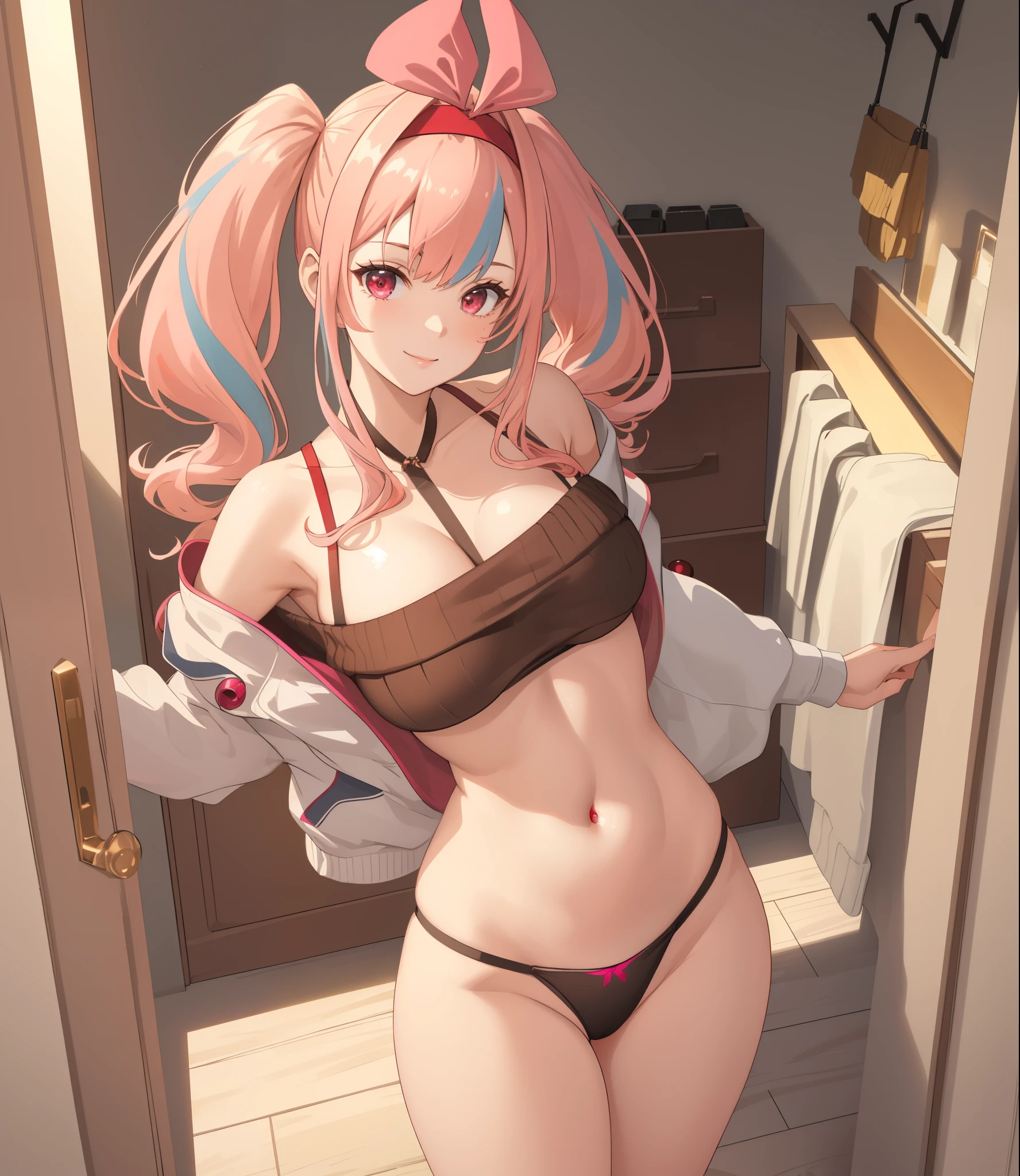 (extremely detailed CG unity 8k wallpaper), (((masterpiece))), (((best quality))), ((ultra-detailed)), (((illustration))), (best shadow), ((an extremely delicate and beautiful)), (detailed light), (well designed face), amazing face, (super detailed), cinematic shot, beautiful detailed eyes, detailed background, 1girl, ((pink hair)), multicolored hair, ((red eyes)), ((short twintails)), (headband), firts rate breasts, first rate female bodies, sweater, thong panties, ((midriff)), ((navel)), upper body, interior design, changing room, bewitching thighs, smile, hand on own chest, ((from above)),