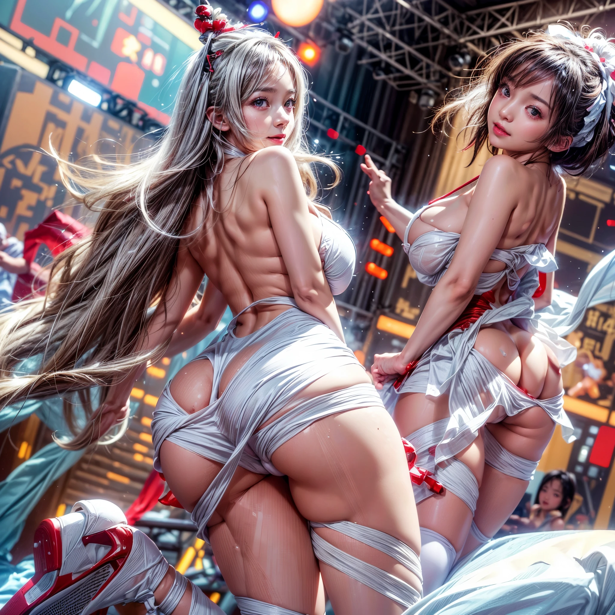 ((NSFW:-0.9, (nipple:-0.9), Acutance:0.85, White and Red, Mystic sight, (many Dazzling flush lights with lens flares) and lens Ghost, Luminous Particles, many colorful Lights )) . best quality, (masterpiece:1.3, realistic, photorealistic, ((analog photo:1.37)), ultra detailed:1.3) . (Amazing KAWAII Idols Walking on stage), ((Extremely detailed (KAWAII face variations))) with joyful expressions, { oiled ivory skin | Overflowing Biomechanical HUGE and HEAVY boob | pretty hips | (Exquisitely White dress with back cutouts) | Full of flowers covering girl's body | long hair:-0.6 }, (Visible naked backs with Overflowing sideboob), (Red highheels, Walking on stage, large crowd:1.4) . (((Ass focus, butt crack))), Whole Body proportions and all limbs are anatomically accurate .