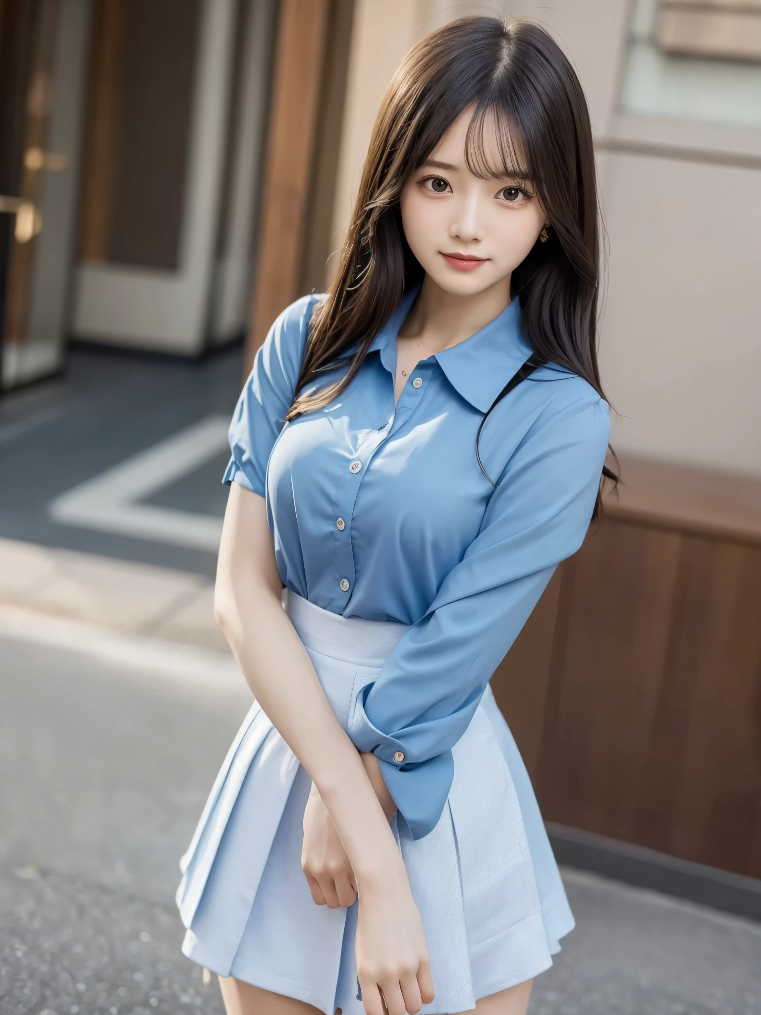 master piece,highest quality,official art,Highly detailed CG Unity 8K wallpaper,Like a schoolgirl,very delicate and beautiful,ultra high resolution,(Realistic:1.4),golden hour lighting,(Upper body),(platinum short hair:0.8),(puffy eyes),looking at the viewer,Facing Front,smile,JK skirt,blue dress,shirt boosts long black hair