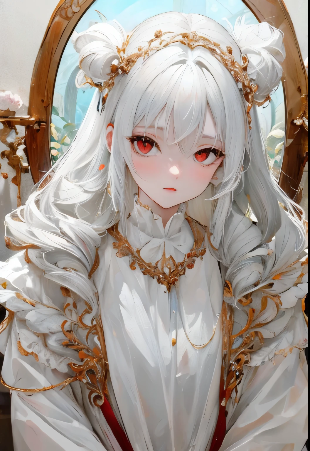 a girl with long white hair, White skin, and red eyes, In a forest of movie lights, Dark and low light. She wore a white dress with gold accents, her eyes focused, looking at the audience. Her skin is fair, Her face is delicate and flawless, masterpiece, highest quality art. This image is an incredibly detailed 8K CG wallpaper, Featuring artistic lighting, harmonious tones and neutral filters.