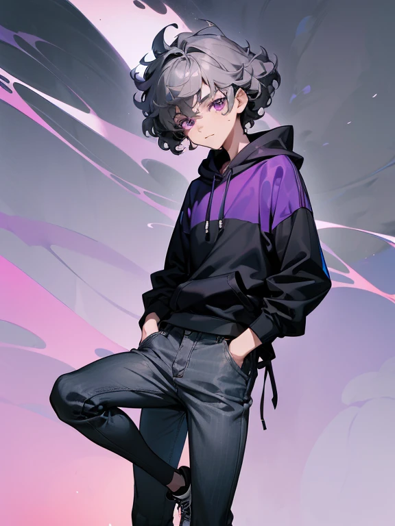 1 boy, juvenile,About 10 years old,handsome boy,loose perm hair,gray hair,purple eyes,face is in front,black hoodie,gray skinny jeans,high cut sneakers,just the face,frontal face