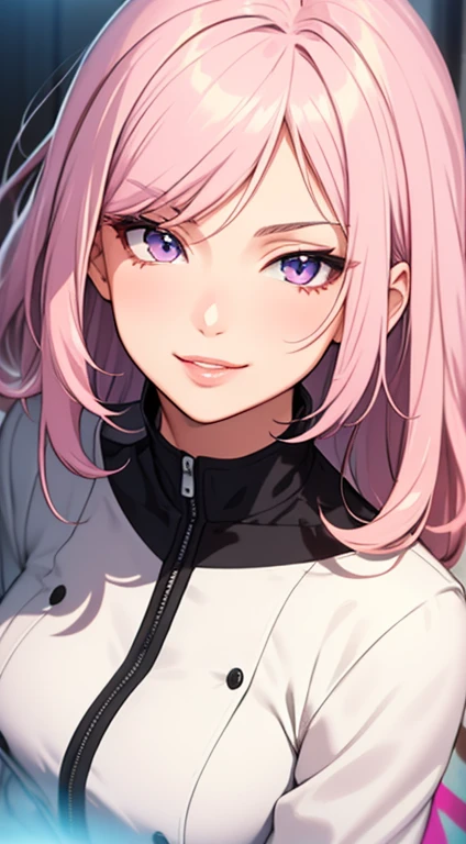 (masterpiece, best quality), intricate details, thin, ((slim)), beautiful girl, Light pink hair, white skin, light purple eyes, sharp jawline, cropped jacket, messy hair, plump lips, upper body, close up, smirk