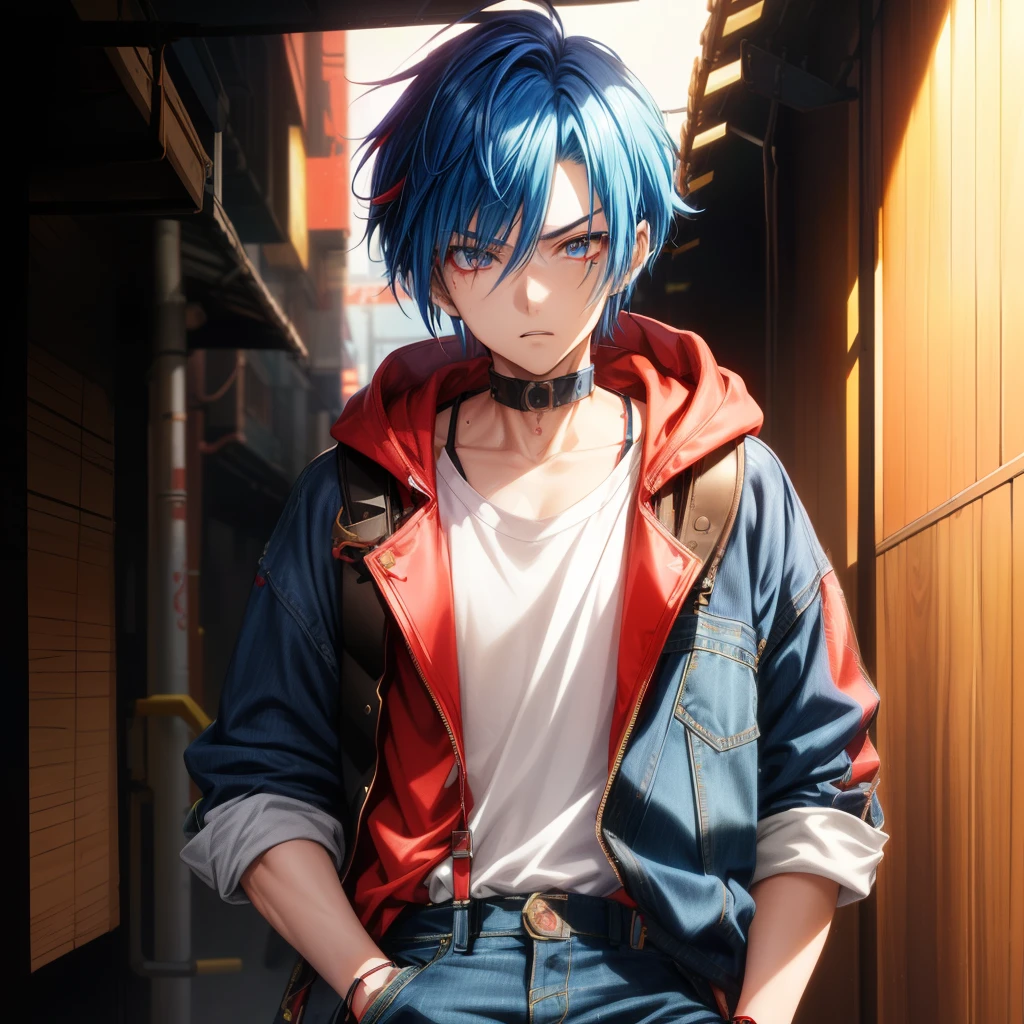 Make a captivating anime boy with vibrant colors and intricate details. (Artist: Masakuni Fujiwara), (Created by: Hayato Mizushima), (Cyberpunk style: Neo-Tokyo Grunge), (Character Concept: Hikaru Amano), (Anime Boy with short blue hair, red suspenders, denim vest, white shirt, jean shorts, and high-top sneakers),

Anime boy, spiky hair, red outfit, hoodie, dark eyes, serious expression, (detailed texturing, high resolution, futuristic background), (Shaded lighting: 1.2), (Emotion: Ang