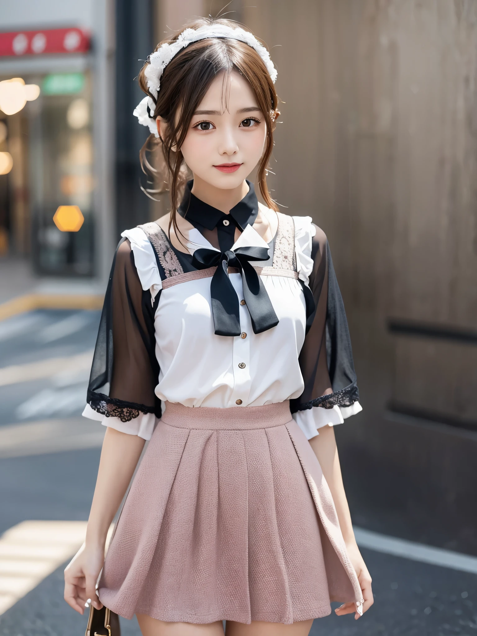master piece,highest quality,official art,Highly detailed CG Unity 8K wallpaper,Like a girl,very delicate and beautiful,ultra high resolution,(Realistic:1.4),golden hour lighting,(Upper body),(platinum short hair:0.8),(puffy eyes),looking at the viewer,Facing Front,smile,JK skirt,pink dress,shirt boosts long black hair