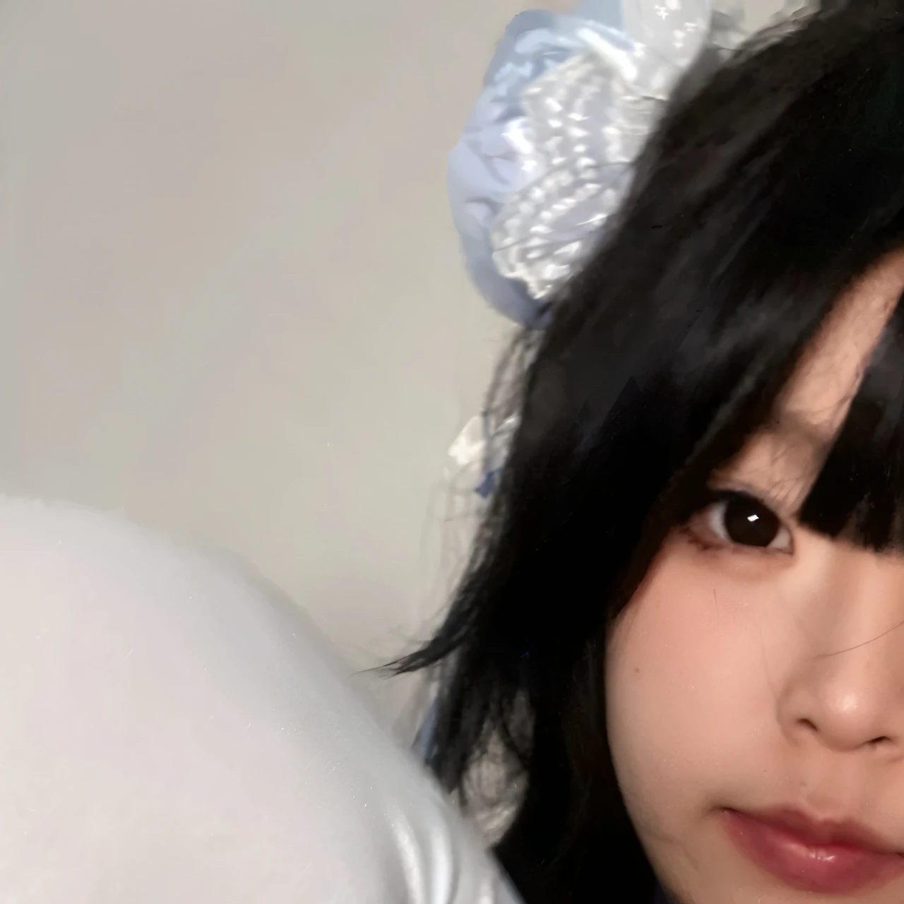 Alafid Asian woman wearing blue dress and white headdress, Shikami, Inspired by Leng Mei, Chiho, anime girl role play, anime role play, role play, Change, Belle Defin, Yoshitomo Nara, Mayuri Shiina, beast, in a blue qipao