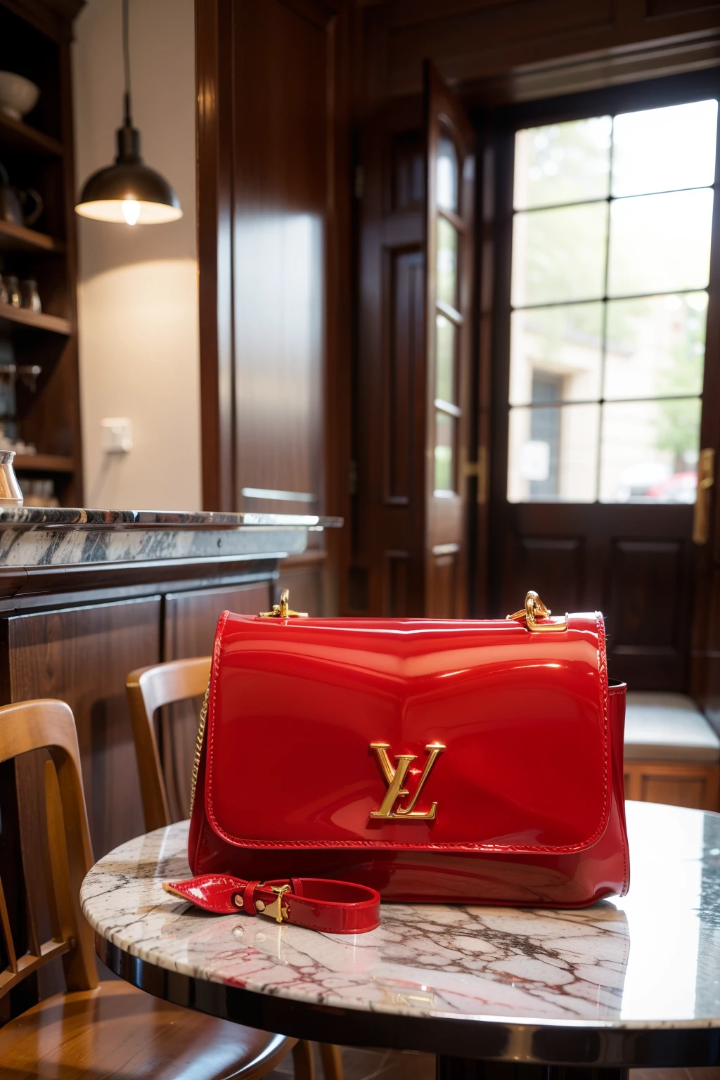 Theme LV leather bag，bright red red，Patent leather，Gold zipper，noble，HD，4K，on stone table，Coffee next to it，Big LV logo，a light luxury style，European style indoor environment