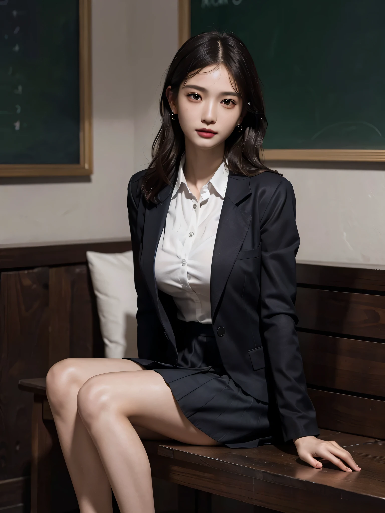 absurdres, RAW photo, extremely delicate and beautiful, masterpiece, Best Quality, ultra high resolution, 32k, hyperrealistic, ultra-detailed, perfect anatomy, perfect figure, super Detailed skin, Very detailed CG 8k wallpaper, in her 20s, very Slim body, narrow waist, very small head, very small face, delicate facial features, tearful mole, earring, thin legs, (very huge round breasts:1.2), (full body shot:1.1), 1 girls, short hair, (wavy hair:1.2), (business suit:1.3), Jacket, short skirt, (shirt:1.2), (wet clothes:1.1), (classroom:1.2),