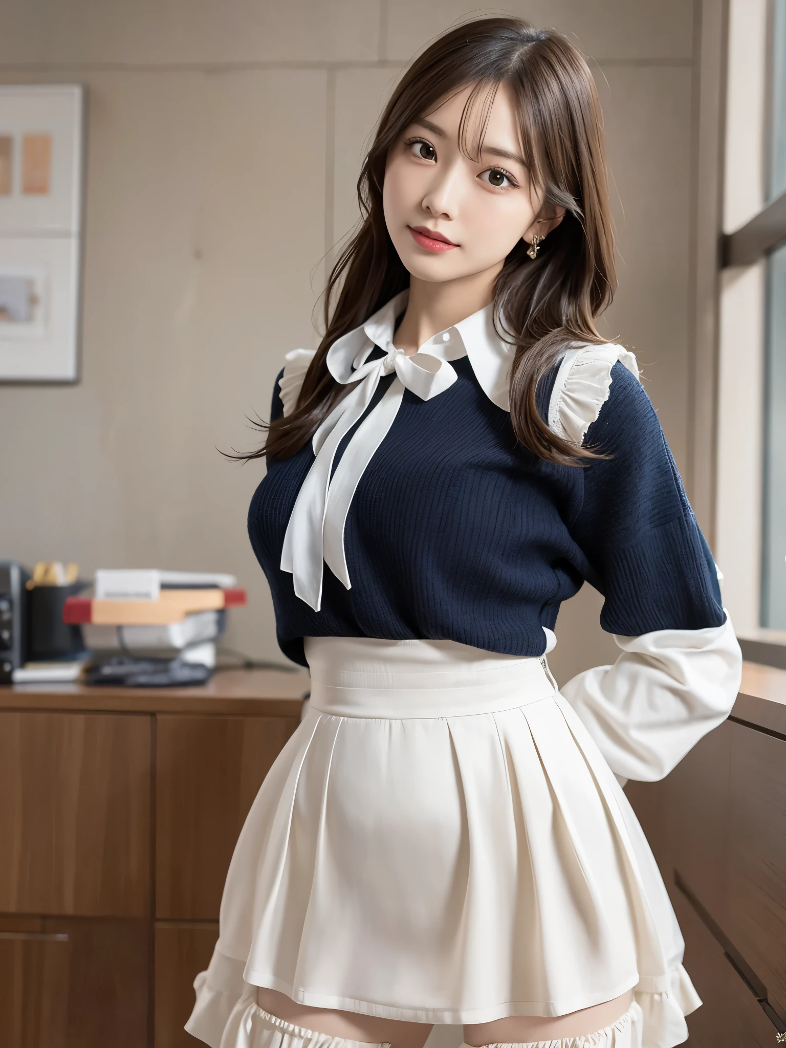 (8K、RAW Photos、Highest quality、masterpiece:1.2)、(Realistic、Realistic)、1 girl、((Office Lady Suits:1.5、Large Breasts、Full body from the front、Pictures for men to masturbate to))、Lots of eyelashes、Glowing eyelids、skeletally correct、smile