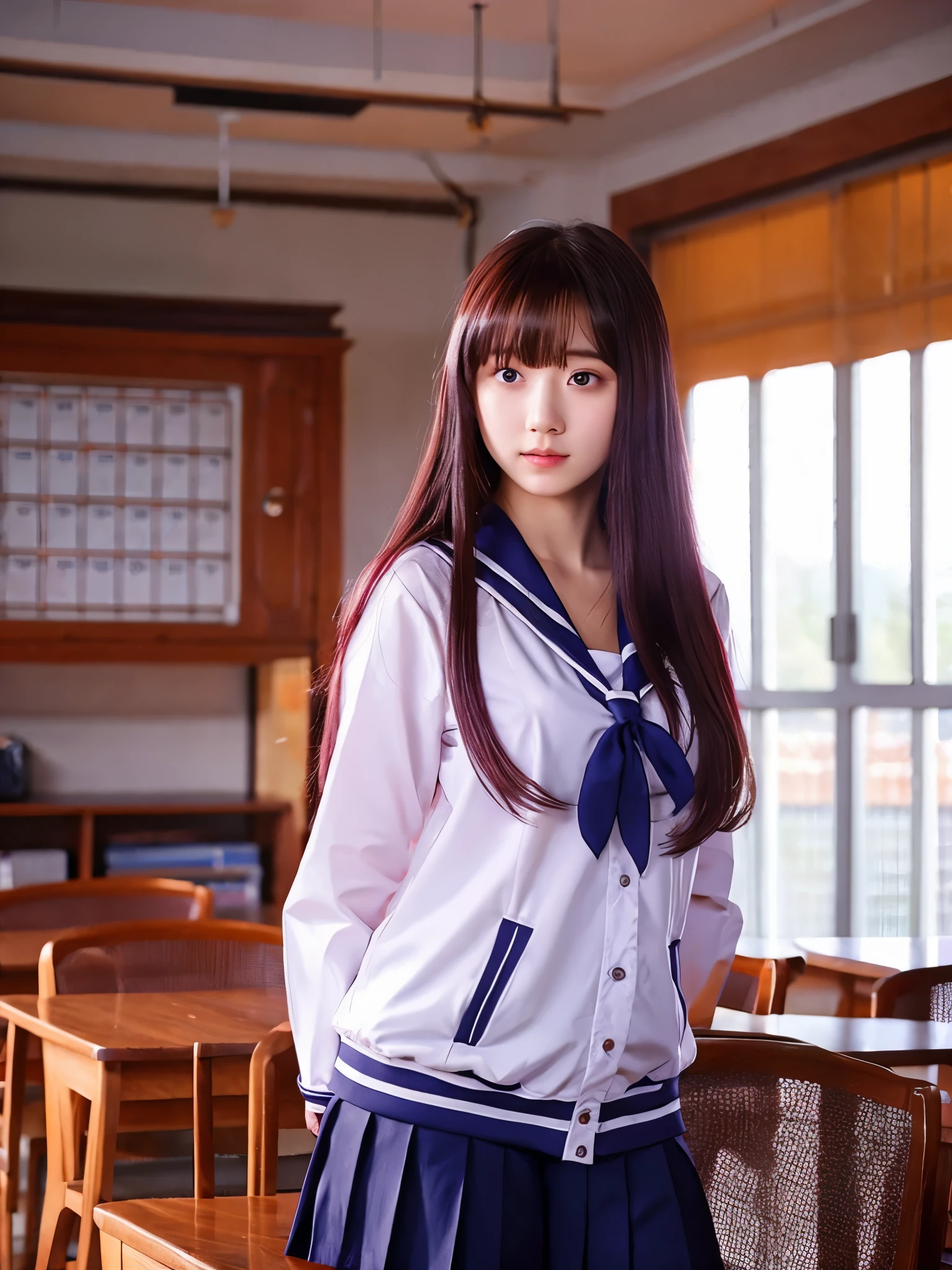 An 18-year-old young woman with long purple hair wearing a sailor suit is sitting in the classroom (school 1.5 in the background) (serious expression, cold 1.5) (highest quality: 1.1) (masterpiece: 1.3) with an unparalleled masterpiece, surreal 8k, perfect artwork, Super detailed, highest quality, masterpiece 4K wallpaper aesthetics, masterpiece, award-winning artwork, official art, cinematic lighting