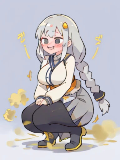 Akari Konusei、1 girl、gray hair、Gray skirt、Yellow tights、black high heels、long braids、big breasts、women stink、fart、shyness、blush、Satisfied smile、Gas comes out of the butt、put pressure on your face、lots of gas、Feeling like diarrhea、Sweat