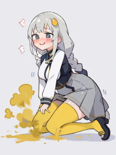 Akari Konusei、1 girl、gray hair、Gray skirt、Yellow tights、black high heels、long braids、big breasts、women stink、fart、shyness、blush、Satisfied smile、Gas comes out of the butt、put pressure on your face、lots of gas、Feeling like diarrhea、Sweat