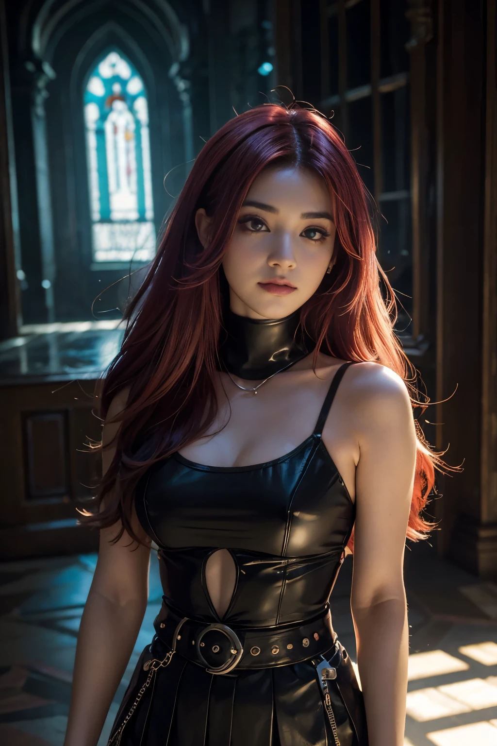 uma mulher com cabelo vermelho, mulher cyberpunk mulher, um lugar escuro, Deusa cyberpunk raivosa bonita, estilo de arte cyberpunk, arte digital de anime cyberpunk, arte de anime cyberpunk,, fotorrealismo, ******, Blossom, com cabelos ruivos, vestido vermelho, olhos azuis, brilhante, Florpunk, samuraipunk, iridescente, bioluminescente, tatuagempunk, Hyper - Detalhado Vibrant Cinematic Raking Light, atordoante, garota de cabelo vermelho, Subsurface scattering, garota de cabelo vermelho, cabelo vermelho, garota de cabelo vermelho, garota bonita, Ambient occlusion, chromatic aberration, 8k, Sozinha, gothic skirt, olhos azuis, girl in front of a mansion/floresta, garota com pose de modelo, usa fones de ouvido, Magic Air, Cabelo longo, aura magica, fantasmas, ela usa Saia plissada, Camisa preta, Interior ((Caustic)), dynamic angle, Lindo brilho detalhado, todo o corpo, luz neon, Pirotecnia, girl in front of a mansion/floresta, garota com pose de modelo, usa fones de ouvido, garota de cabelo mechas coloridas no cabelo. Luzes cintilantes em volta da garota, esfera cintilantes, uma garota na floresta, esfera de luz, magical aura Supernatural, hora Sobrenatural, magic aura magic