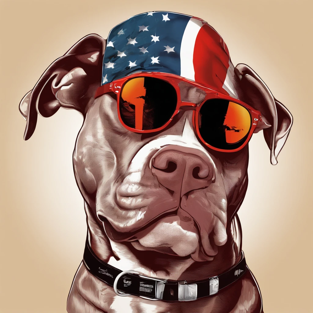 Pitbull, he wears a red bandana around his neck, Fashion glasses, famous brand cap
, (((cartazes, planfetos, adesivos, propaganda, revista.)))