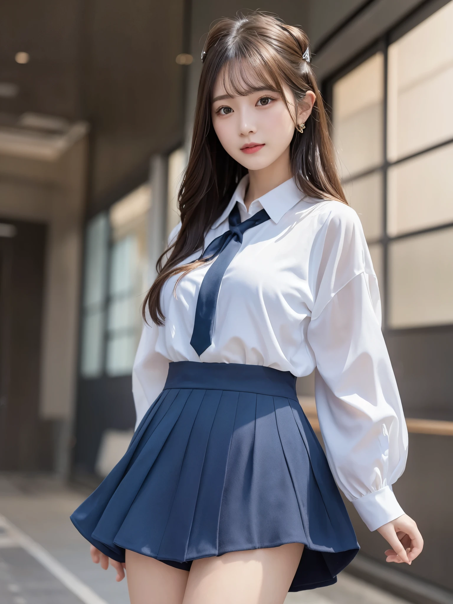 (chiffon school uniform), ((of the highest quality, 8K, masutepiece: 1.3, Raw photo)), Sharp Focus: 1.2, (1 AESPA Girl :1.1), (Solo: 1.18), (Realistic, Photorealistic: 1.37), (Face Focus: 1.1), Cute face, hyperdetailed face, Short messy hair, updo, Small breasts, flat chest, Thigh, (office room: 1.1)
