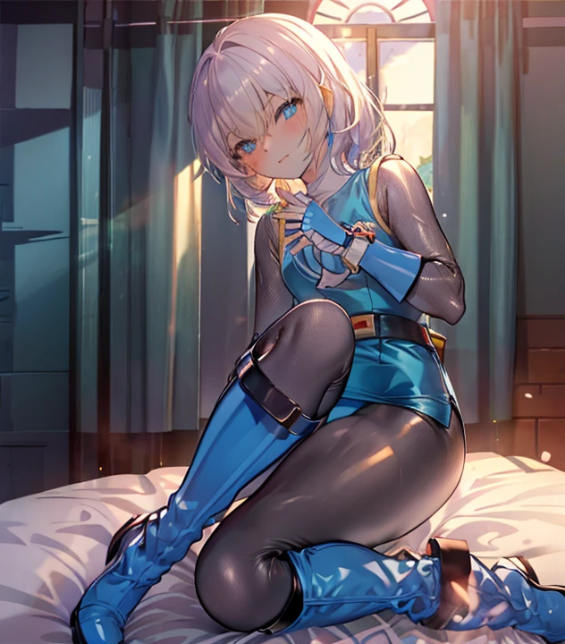 highest quality,sleep on your back in bed，Crab crotch，show me your boots，thigh high boots，leotardチラ見せ，glove，elegant, 1 girl, leotard，body suit，cute, blushed, looking at the viewer, from below, prison，blue eyes, beautiful eyes, beautiful background, particles of light, Light of the sun, dramatic lighting, outside, shiny, realistic, table top, highest quality, Super detailed, get used to it, scenery, beautiful and detailed eyes, thin hair，full body shot，