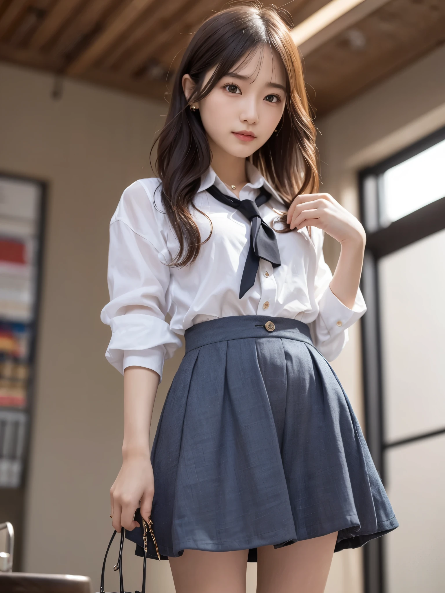 master piece，highest quality，official art，Highly detailed CG Unity 8K wallpaper，Like a schoolgirl，very delicate and beautiful，ultra high resolution，（Realistic：1.4），golden hour lighting，（Upper body），（platinum short hair：0.8），（puffy eyes），looking at the viewer，Facing Front，smile，JK skirt，blue dress，shirt boosts long black hair