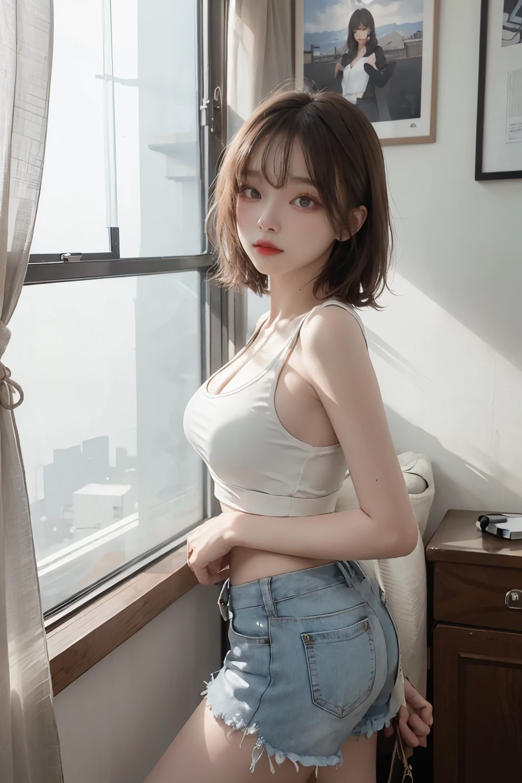 best image quality、Raw photo、Super high resolution、18 year old female、Shooting for one person only、model shoot、big round breasts、cleavage、Tank top、short trousers of black color、Beautiful eyes in every detail、very elongated eyes、beautiful eyelashes、beautiful double eyelids、white wall、very thin legs、Shorthair with light brown hair、very slender physique、very small butt