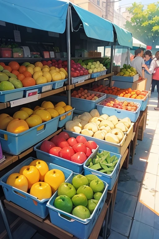 drawing, water colors, outdoor market, 2d design, illustration, fruit and veggies are empty inside boxes, mobile game, cheap market