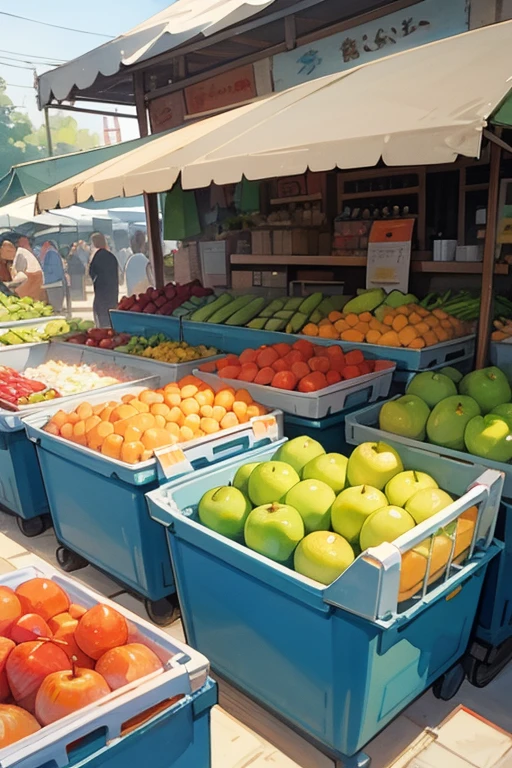 drawing, water colors, outdoor market, 2d design, illustration, fruit and veggies are empty inside boxes, mobile game, cheap market