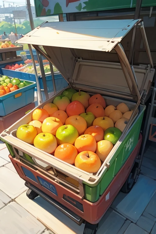 drawing, water colors, outdoor market, 2d design, illustration, fruit and veggies are empty inside boxes, mobile game, cheap market