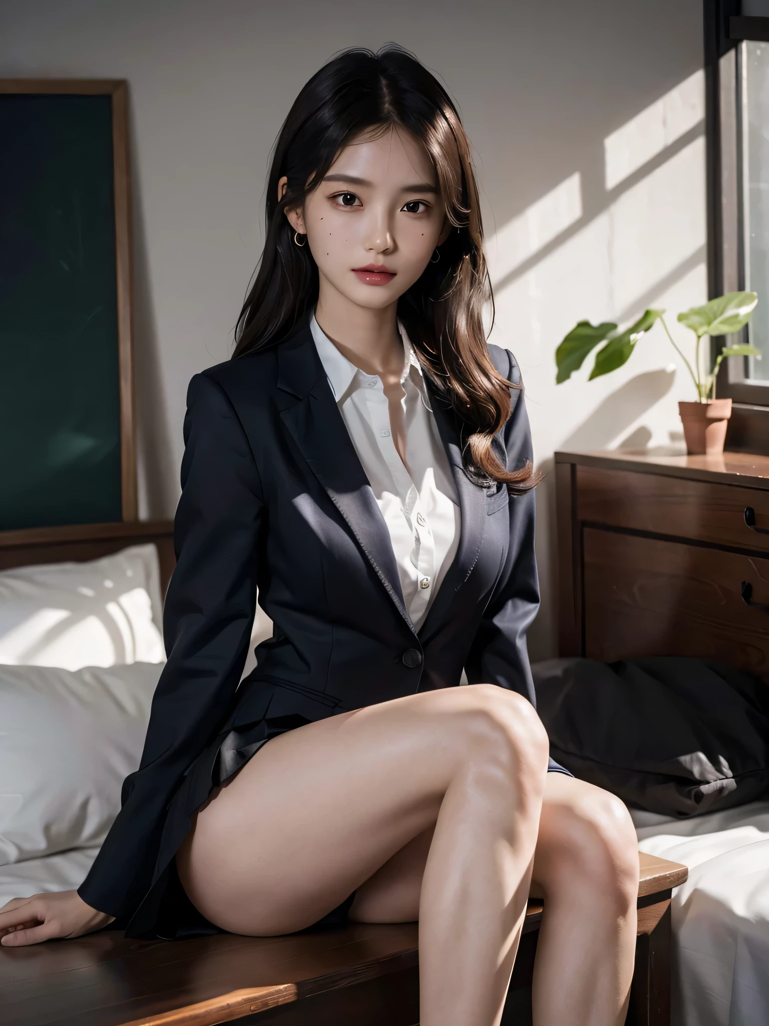 disorganized, RAW photo, very delicate and beautiful, masterpiece, highest quality, ultra high resolution, 16k, surreal, super detailed, perfect anatomy, super dense skin, perfect figure, Highly detailed CG 8k wallpaper, 20's, very slim body, (tight waist), very small head, very small face, delicate features, tearful mole, mole on chest, earrings, thin legs, (very huge round breasts), full body shot, short middle hair, wavy hair, school uniform, collared dress shirt, barefoot, (blazer),