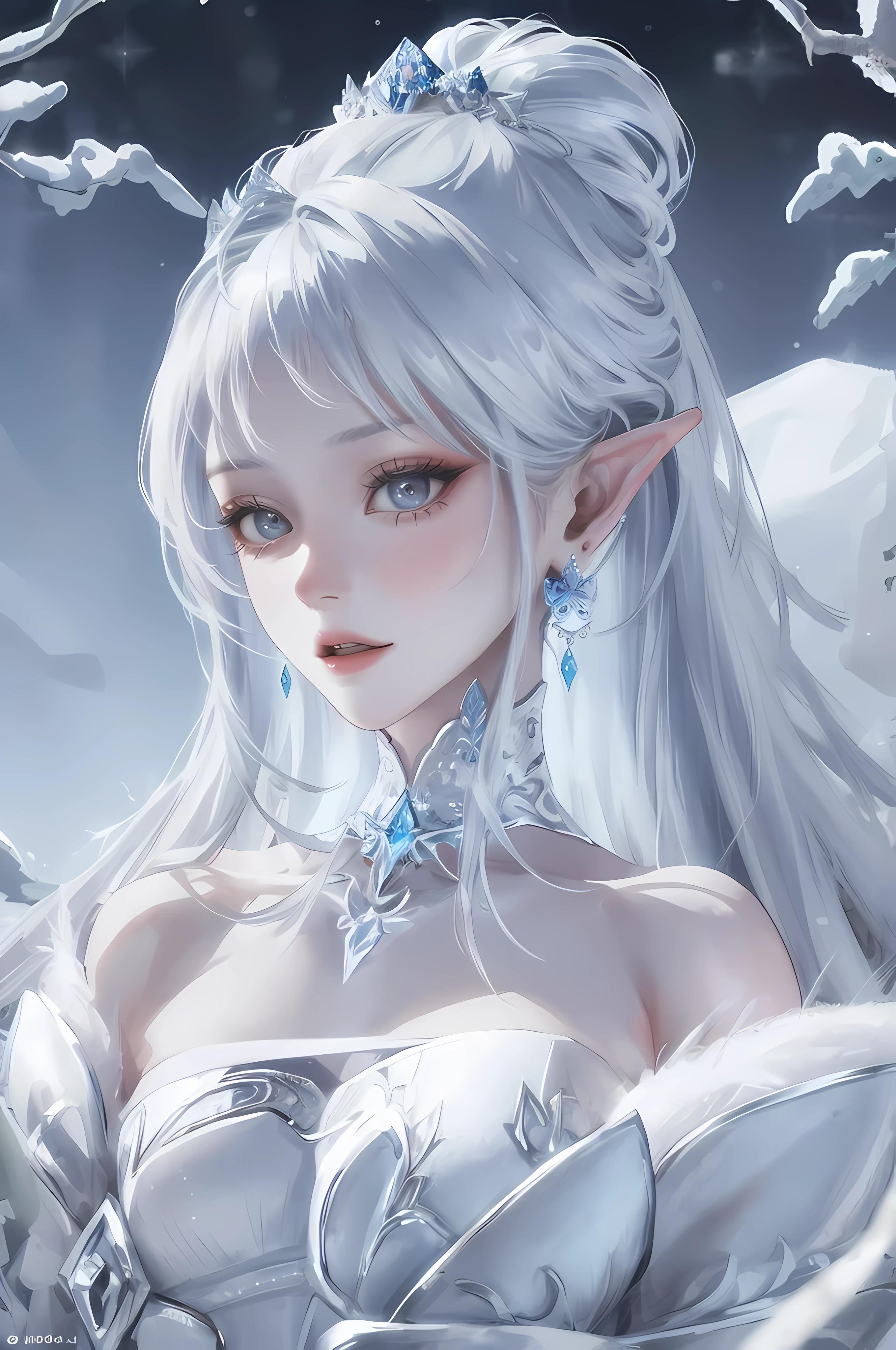 An elven (((Female Bodybuilder))) with ice powers, wearing a beautiful icy blue dress, standing in a snowy frozen landscape. The girl has long silver hair, sparkling blue eyes, and pale, flawless skin. Her dress is made of shimmering ice crystals, with intricate frost patterns and delicate snowflake ornaments. She has a calm, regal expression on her face and wears a silver tiara on her head. The surrounding landscape is covered in glittering snow, with tall ice pillars and frost-covered trees. The sky is filled with swirling snowflakes and a soft, ethereal light illuminates the scene. The colors are cool and muted, with shades of icy blues, silvers, and whites dominating the palette. The light casts long, dramatic shadows, adding depth and dimension to the image. The overall image quality is of the highest standards, with sharp details, realistic textures, and a sense of depth. The artwork is created using a combination of digital painting and 3D rendering techniques, resulting in a stunningly detailed and lifelike image.