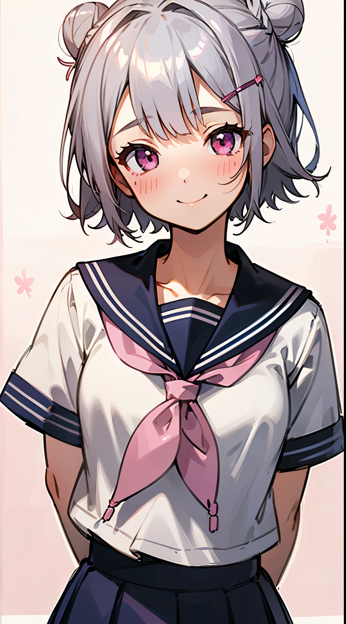 (highest quality、High resolution:1.2)、Silver-haired schoolgirl、Short silver bob hair tied into a bun with a hair clip、pink eyes、blush、smile、laughter、turn your arms behind your back:1.2、Upper body close-up、sailor school uniform、Sakura Park、promise
