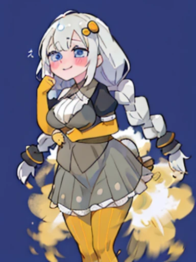 Akari Konusei、1 girl、gray hair、Gray skirt、Yellow tights、black high heels、long braids、big breasts、women stink、fart、shyness、blush、Satisfied smile、Gas comes out of the butt、put pressure on your face、lots of gas、Feeling like diarrhea、Sweat、standing position、Active、My body trembles、Hip Attack、dynamism、blue eyes