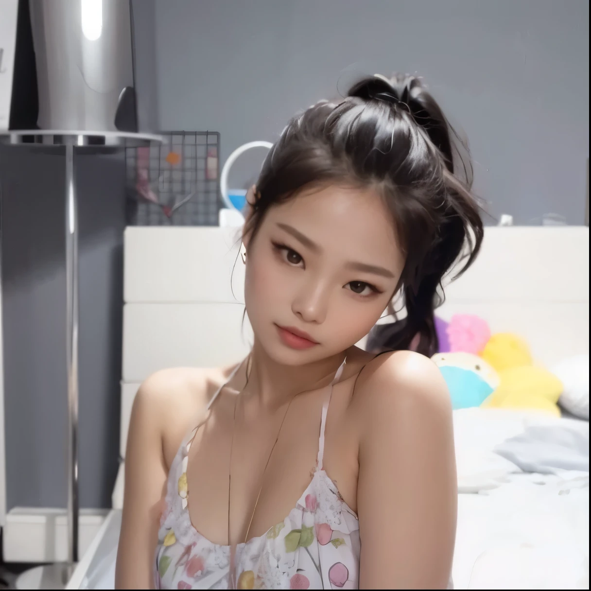 1 Girl, Beautiful, Baby Face, 20 Years, White Skin, Big Breasts, Medium Breasts, Pose, Cleavage, (Kebaya), Indonesian Kebaya, Brown Retina, White Eyes, Bokeh:1.1, Drilled Hair, Tied Hair, (( Gradient Colored Hair)), ((nude)), bedroom, studio lighting, stomach on bed, pigtails, lying in sexy poses, ((big ass)), ((chest tatooed 1.1)), ((yakuza tatoo)), ((full body shoot 1.1)), full body photo