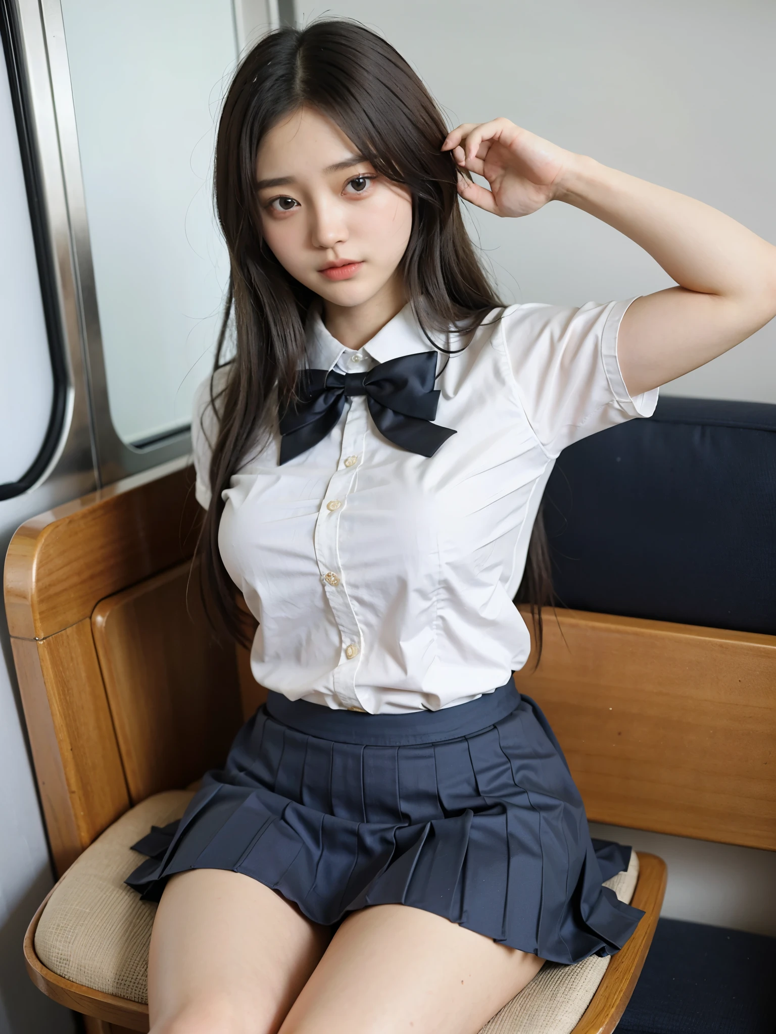 low angle shot,An arafed asian woman wearing a short skirt and bow tie is sitting on a train, cute high school girl, japanese girl uniform, wearing japanese school uniform, japanese school uniform, a hyperreal high school girl, dressed like a high school girl, hyperreal high school girl, wearing school uniform, real high school girl, girl in uniform, wearing school uniform, Photo of high school girl posing, whole body, nice skin, glowing skin, nice thighs,Shining thighs, shining legs