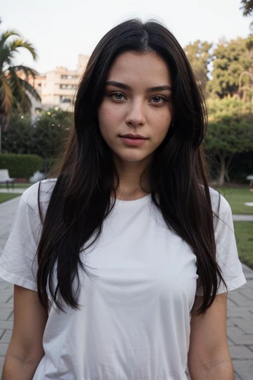 19-year-old girl with very long black hair and a face similar to Dasha Taran's, foto de busto al aire libre en un parque de la cuidad de Villa Clara, Cuba.