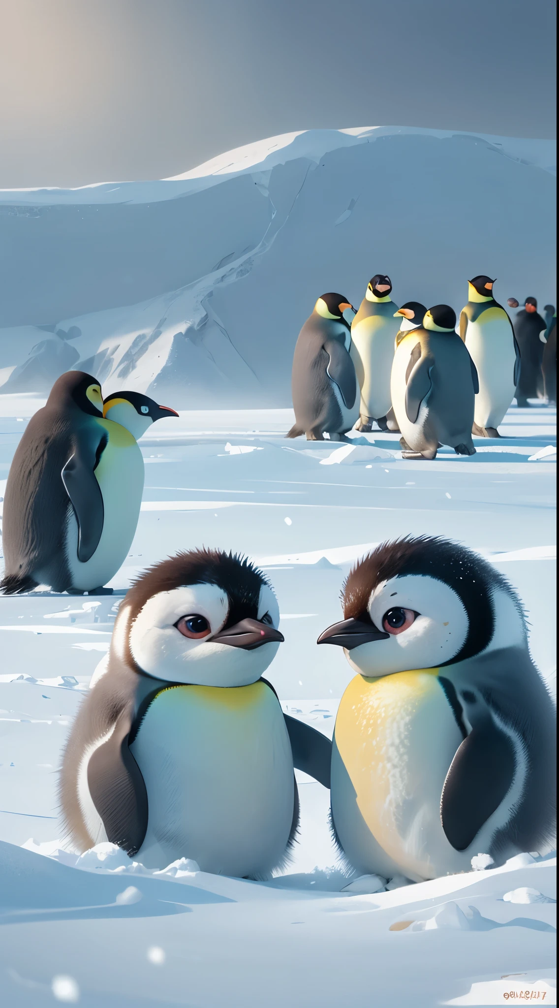 
Cute emperor penguins playing in the snow，front view，close up, Pixar style, best quality, stills, very cute, big eyes,   ，Very happy，high detail，Super details，high quality, masterpiece, precise, 