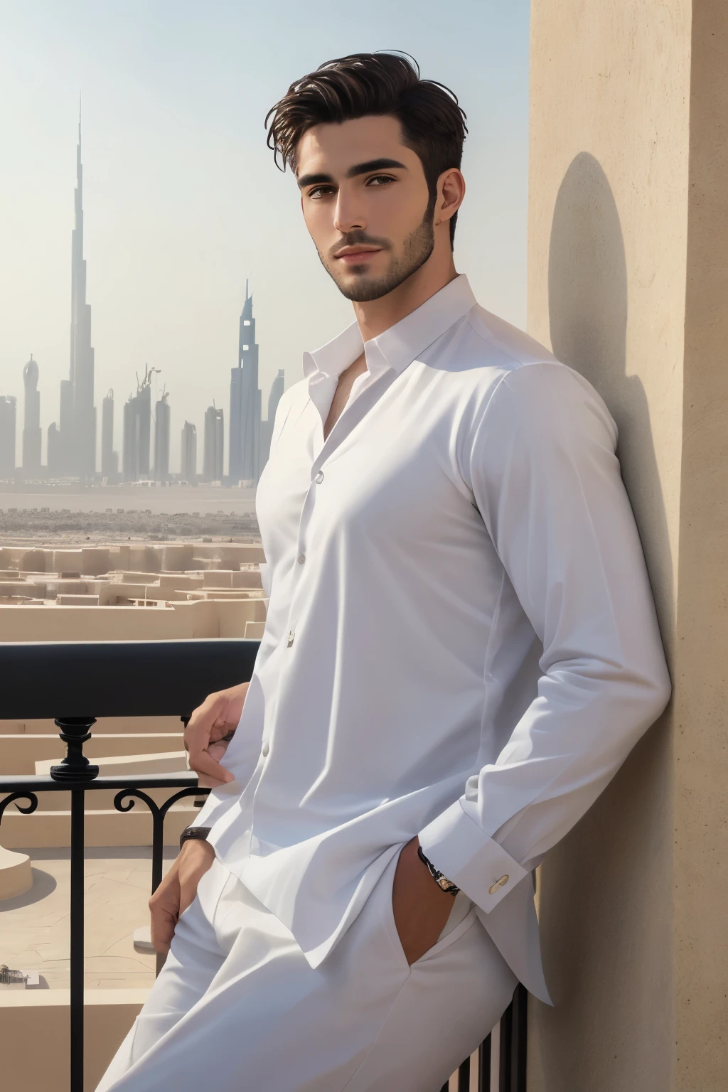 ((best quality)), ((masterpiece)), (detailed), perfect face
A handsome man standing on a balcony in dubai, enjoying the view. His face is wel defined with a shark jaw line. His hair is short. His face is pale.