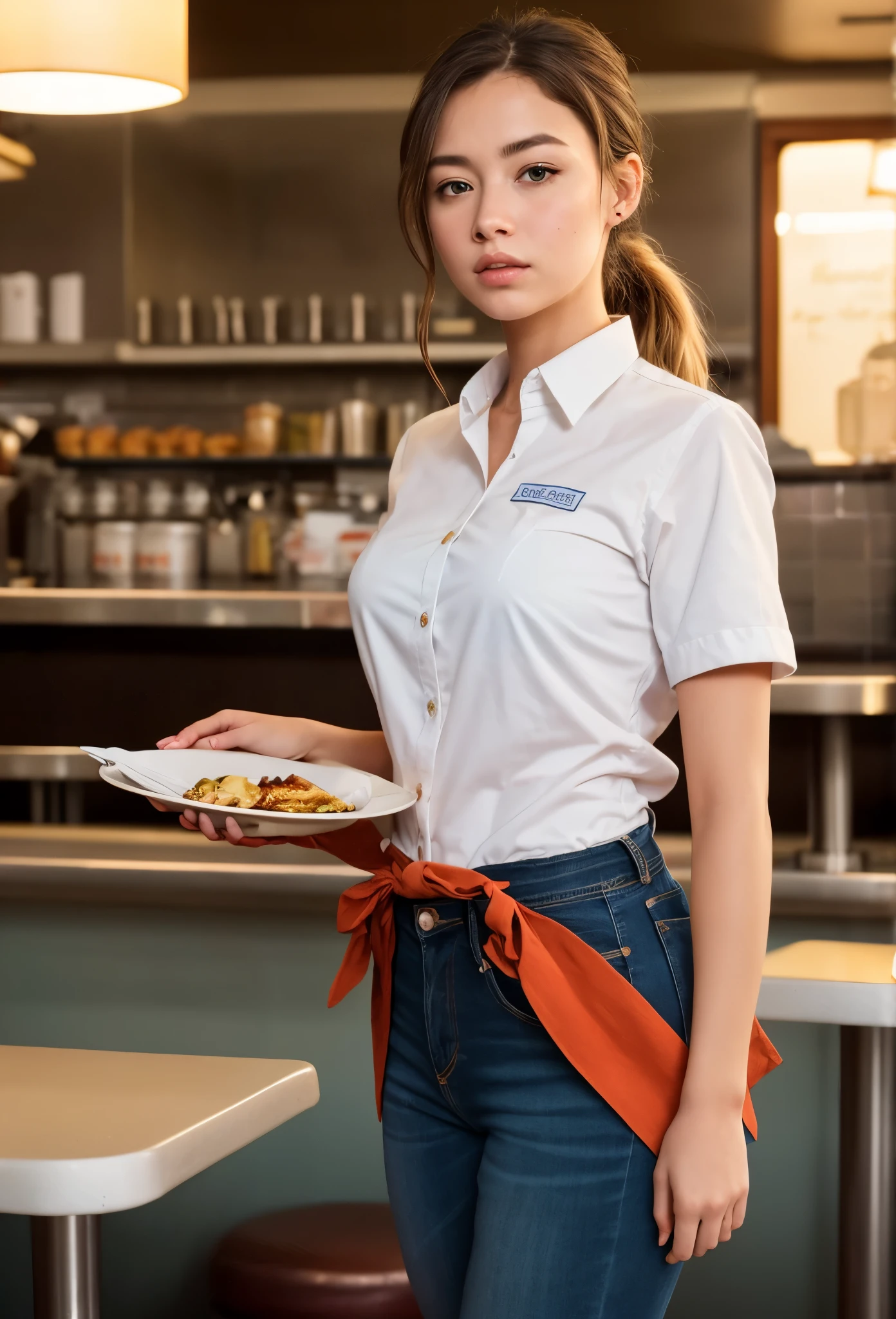 (dark shot:1.4), 80mm, a beautiful blondie czech girl, working as a (waitress:1.1) at (a diner:1.2), weared in white shirt, blue apron, jeans, ponytail, (natural skin texture, hyperrealism, soft light, sharp), (intricate details:0.9), (hdr, hyperdetailed:1.2), soft light, sharp, exposure blend, medium shot, bokeh, (hdr:1.4), high contrast, (cinematic, teal and orange:0.85), (muted colors, dim colors, soothing tones:1.3), low saturation, (hyperdetailed:1.2), (noir:0.4)