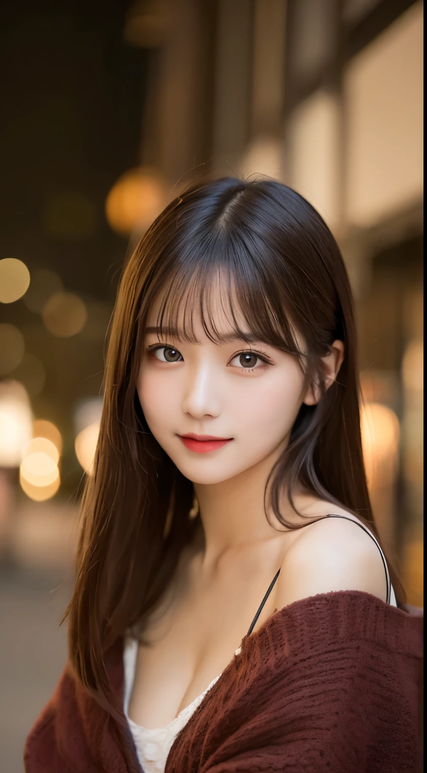 table top, highest quality, shape, Super detailed, finely, High resolution, 8k wallpaper, 完璧なダイナミックな構shape, beautiful and detailed eyes, elegant winter clothes,medium hair,small breasts natural color lip, bold sexy pose,smile、20 year old girl、cute、Sexy looking at camera,night,beautiful and detailed face,elegant face,perfect and beautiful face,Slim face and body,spread your arms wide、background blur