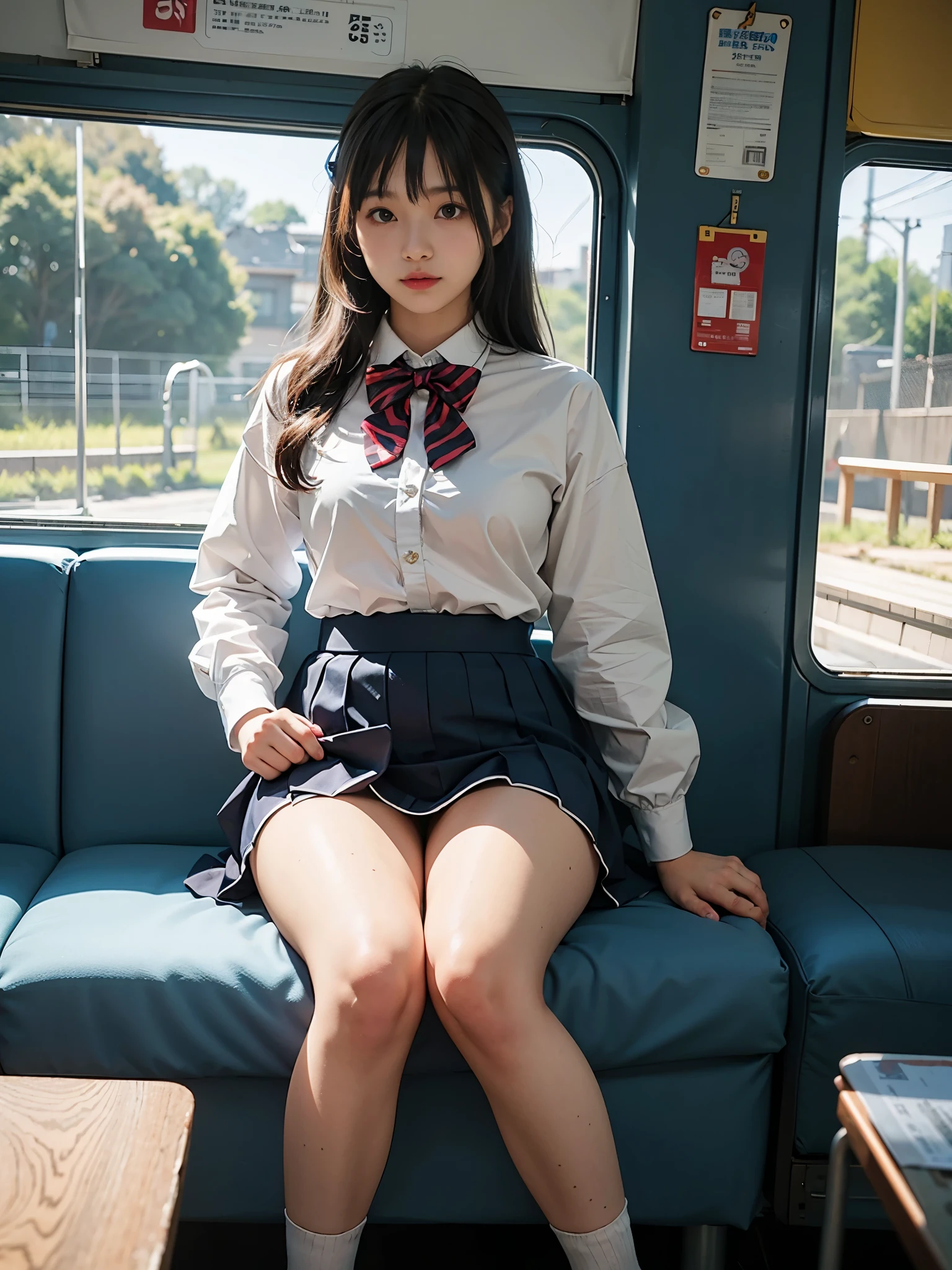 An arafed asian woman wearing a short skirt and bow tie is sitting on a train, cute high school girl, japanese girl uniform, wearing japanese school uniform, japanese school uniform, a hyperreal high school girl, dressed like a high school girl, hyperreal high school girl, wearing school uniform, real high school girl, girl in uniform, wearing school uniform, Photo of high school girl posing, whole body, nice skin, glowing skin, nice thighs,Shining thighs, shining legs, ((panties))