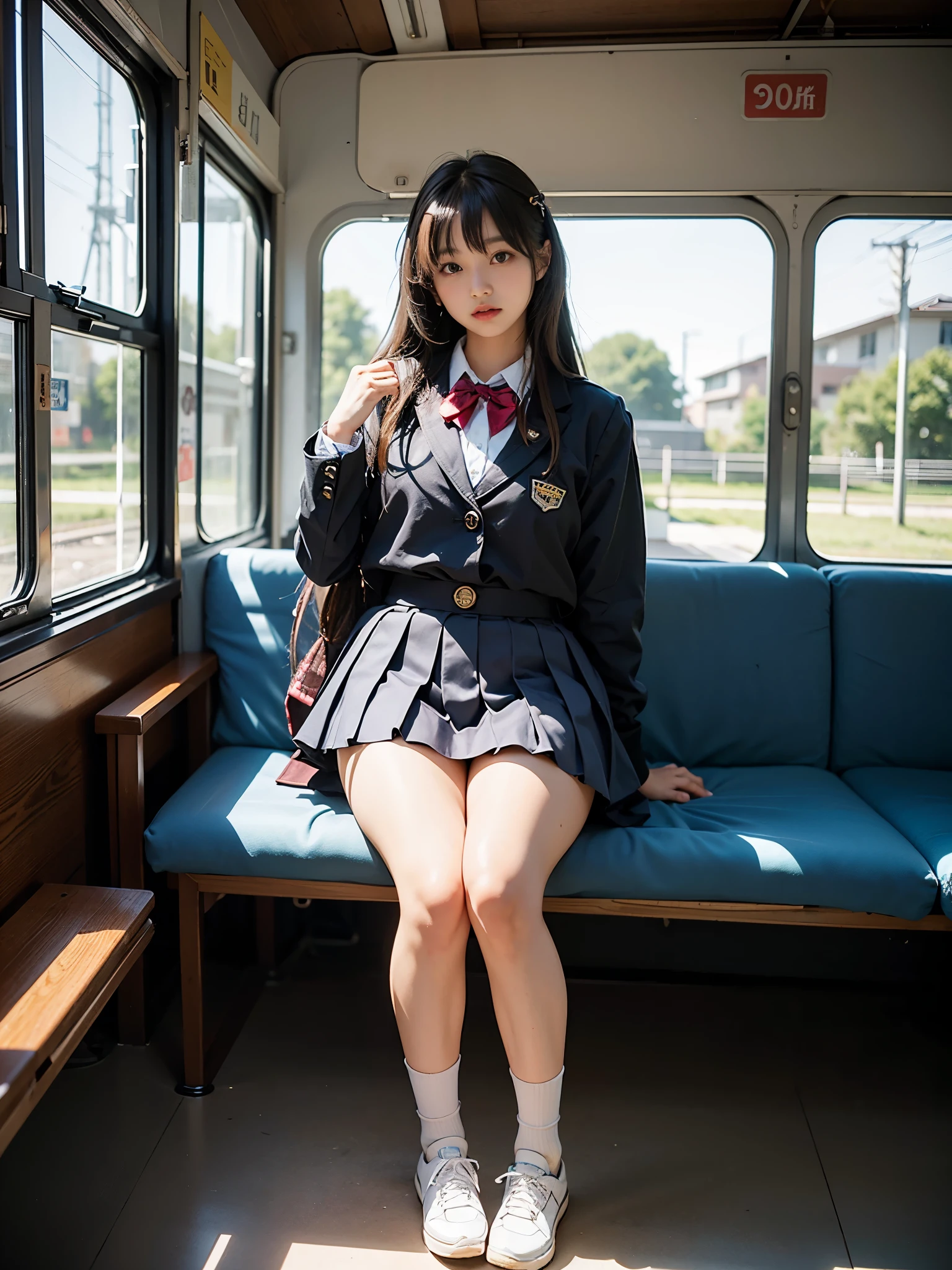 arafed asian woman in a short skirt and bow tie, half squat on a train, cute schoolgirl, japanese girl school uniform, wearing japanese school uniform, japanese school uniform, a hyperrealistic schoolgirl, dressed as schoolgirl, hyperrealistic schoolgirl, wearing school uniform, realistic schoolgirl, girl wearing uniform, wearing a school uniform, of a schoolgirl posing, full body, nice skin, glowing skin, nice thighs,glowing thighs, glowing legs