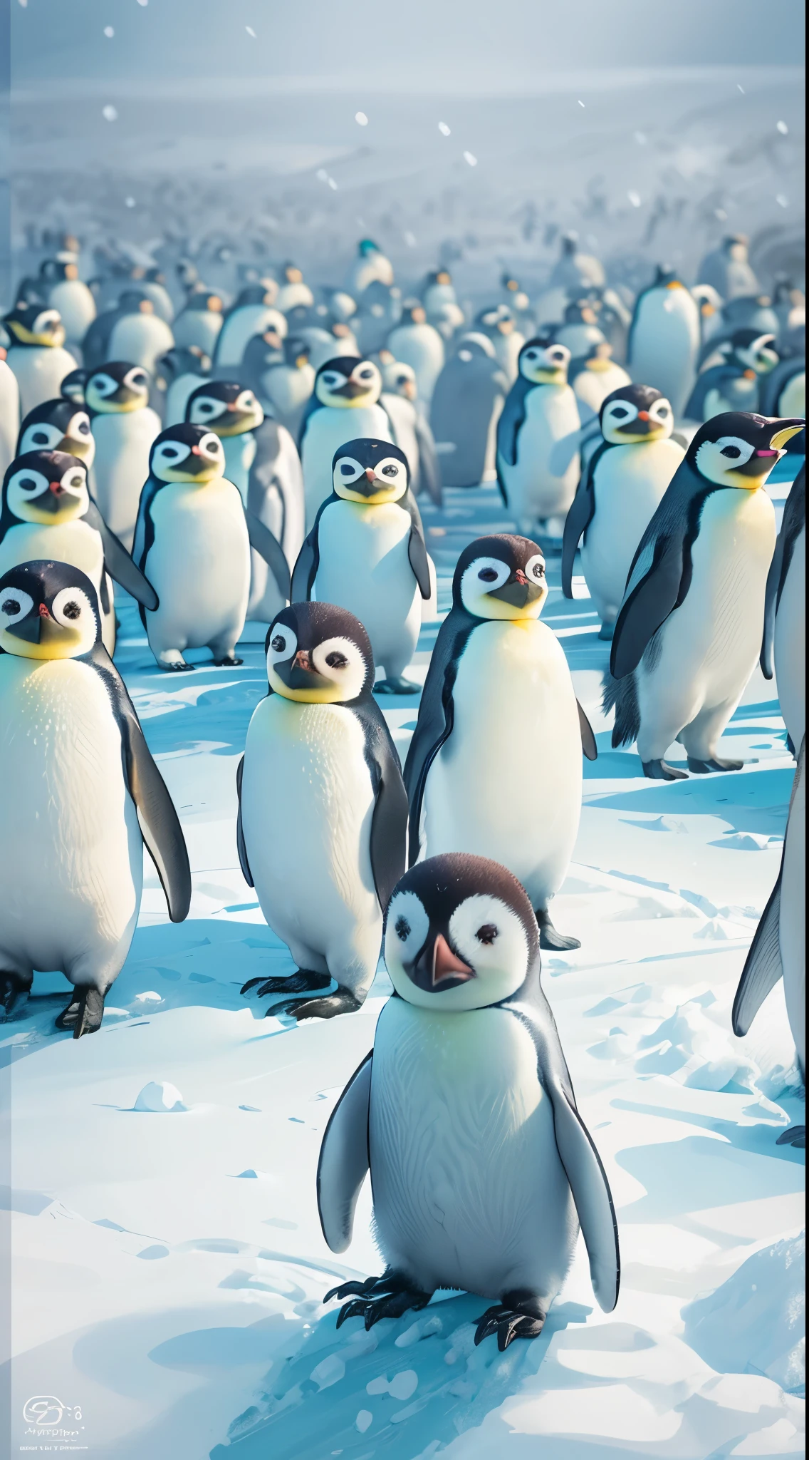 Cute emperor penguins playing in the snow,front view,close up, Pixar style, best quality, stills, very cute, big eyes, ,Very happy,high detail,Super details,high quality, masterpiece, precise,