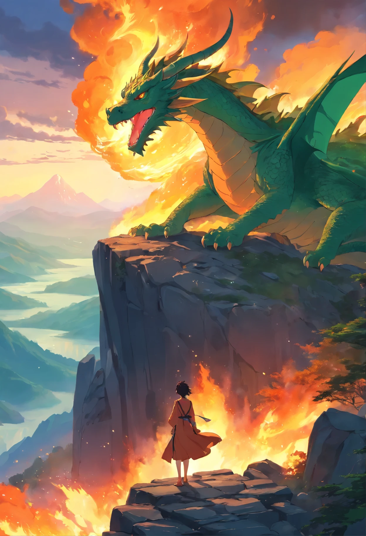 Painting of a woman with brown curls in a fiery dress standing under a huge green dragon on a ledge of a rock in fire, Goddess of fire, wonderful fiery mood, fabulous digital painting, Magical colors and atmosphere lost in a dreamy fairy-tale landscape, Magical colors and atmosphere, Fiery light, moody foggy fantasy art, Standing in a mystical forest, Fantasy Digital Painting, Dragon Tranquility, Dreamy Scene, Mystical Scene, Fire Empress