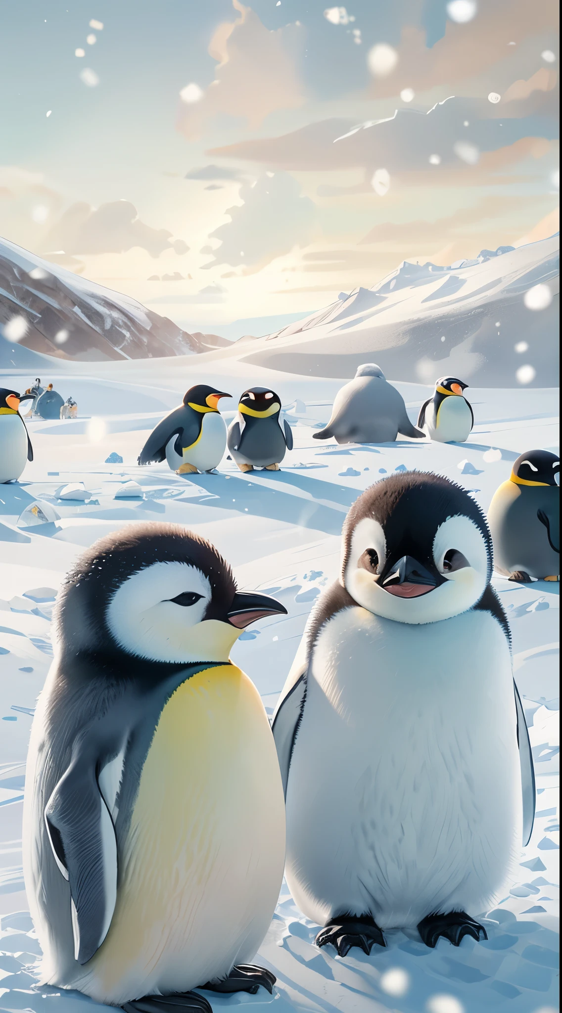 Cute emperor penguins playing in the snow,front view,close up, Pixar style, best quality, stills, very cute, big eyes, ,Very happy,high detail,Super details,high quality, masterpiece, precise,