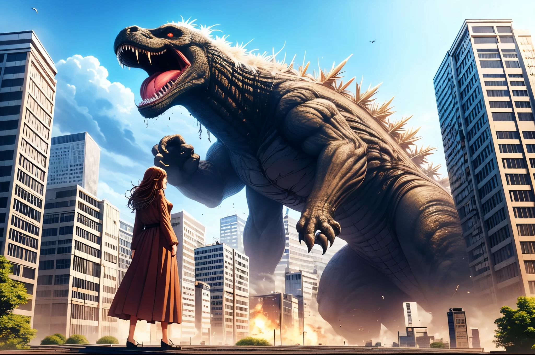 obra maestra,Mejor calidad,muy detallado,1girl and monstruos,edificio,batalla,ciudad,monstruo,destruction,grave,cejas en forma de v,concentrating,demonio,escombros,
mirando a otro,escombros,dinosaurio, aaasa,pelo largo,By the chestnut,trenza,Brown eyes,hombros descubiertos,armadura,coraza,mangas blancas,mangas separadas,falda roja,falda plisada,muslos blancos,(((size difference))),
