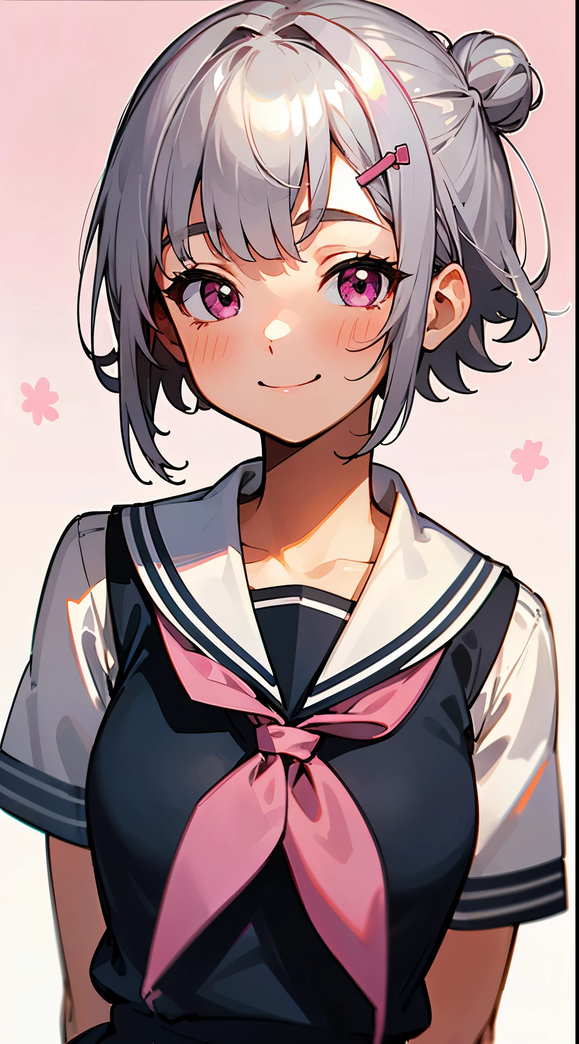 (highest quality、High resolution:1.2)、Silver-haired schoolgirl、Short silver bob hair tied into a bun with a hair clip、pink eyes、blush、smile、laughter、turn your arms behind your back:1.2、Upper body close-up、sailor school uniform、Sakura Park、promise、sharp outline、tomboy、boyish、highest quality、masterpiece