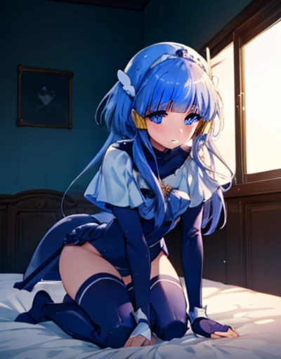 highest quality,sleep on your back in bed，Crab crotch，show me your boots，thigh high boots，leotardチラ見せ，glove，elegant, 1 girl, leotard，body suit，cute, blushed, looking at the viewer, from below, prison，blue eyes, beautiful eyes, beautiful background, particles of light, Light of the sun, dramatic lighting, outside, shiny, realistic, table top, highest quality, Super detailed, get used to it, scenery, beautiful and detailed eyes, thin hair，full body shot，