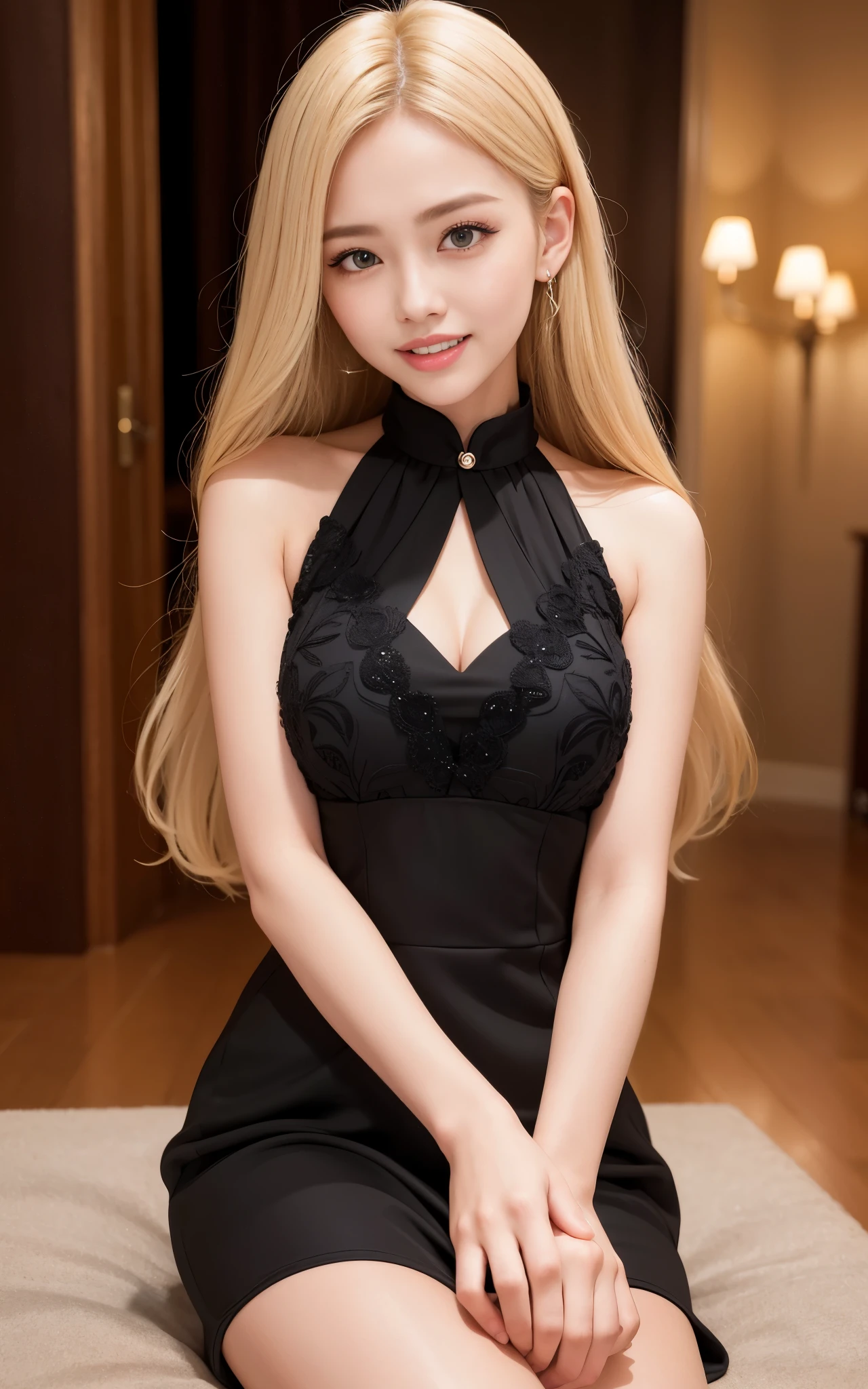 highest quality, figure, super detailed, finely, High resolution, 8k wallpaper, 完璧なダイナミックな構figure, beautiful skin, (Big eyes that shine like jewels), 20 year old beautiful girl, natural color lip, (sexy pose), Chest middle, smile, Highly detailed face and skin texture, Detailed eyes, Double eyelid,leaking teeth and laughing, close-up, Blonde medium hair, (black dress:1.2), night view