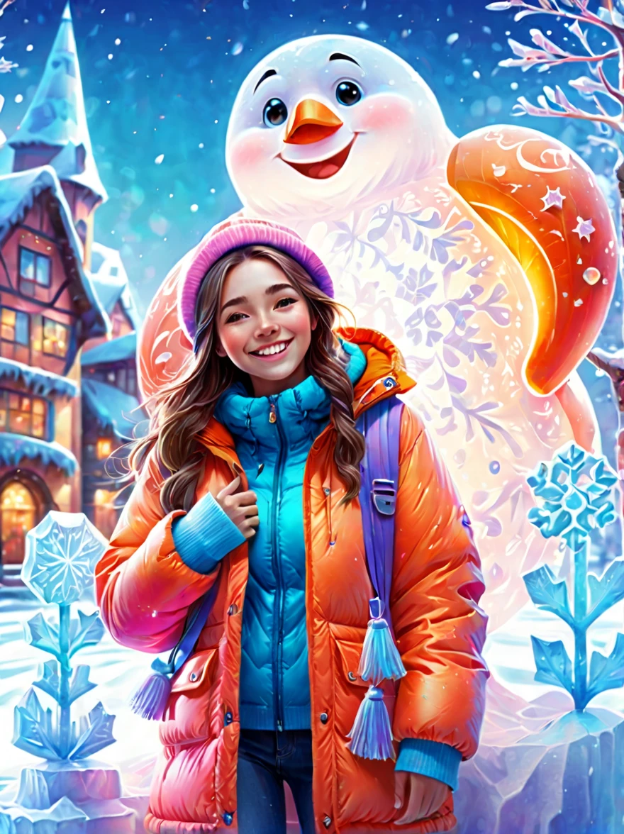 (panoramic:1.5), An imaginative and detailed illustration of a fantasy female friend, depicted as a cute and beautiful girl. Her face is lit up with a happy smile, and she is fashionably dressed in a bright orange puffer jacket. The setting is a magical ice sculpture world, with an icy, snowy landscape filled with snowflakes. The girl is a blend of wisdom, beauty, and diligence, representing a sweet and ideal character. The image is created with creative flair, showcasing the girl enjoying herself in this enchanting, frosty environment, embodying a sense of joy and wonder, (Floral watercolor: 1.1), (Ultra high saturation, bright and vivid colors: 1.5), (nsfw), (Facing the viewer: 1.5)