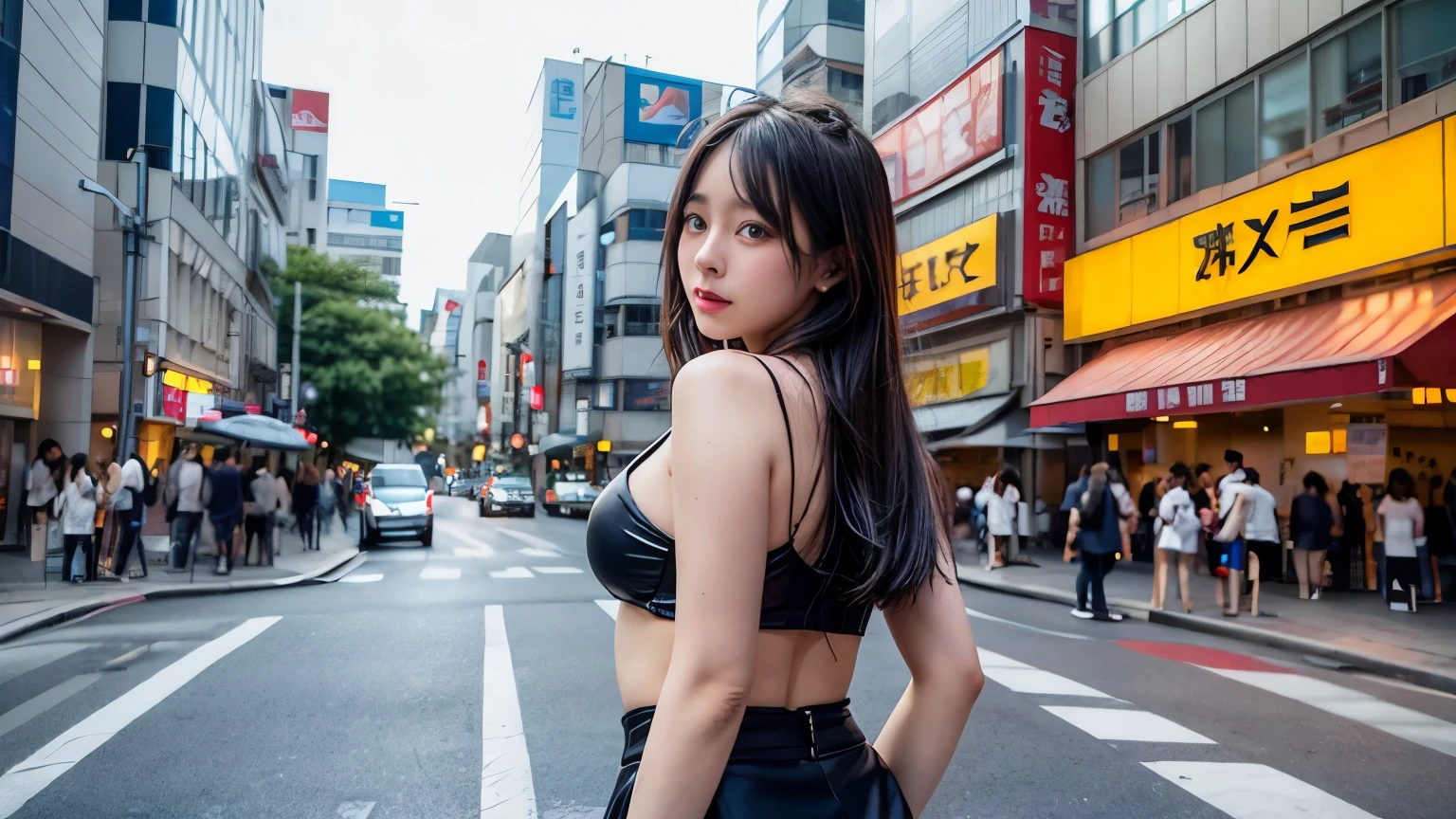 ool synthwave  girl , dark blue hair , blue eyes  , in the tokyo city , midnight time, whole body shot, big brest, wide shot