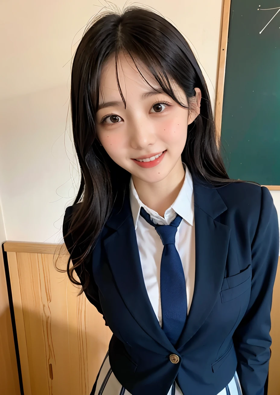 There is a woman taking a picture wearing a tie and skirt, japanese girl school uniform, aya takano color style, wearing japanese school uniform, hana yata, Ayaka, Sui Ishida, Aya Takano, Japan school uniform, Shiori Teshirogi, Ayami Kojima Amano, Rin, Erika Ikuta, Rei Hiroe、High School Classroom、Well-groomed eyes、sensual bodies、Uniform is wet with sweat、Extraordinary beauty、huge-breasted、Smiling、Teared breasts、